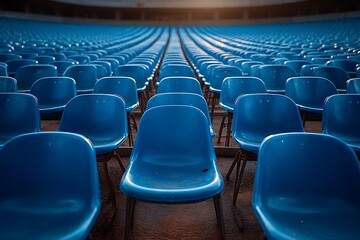 Obraz premium Rows of empty blue plastic seats in a large venue auditorium