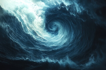 Large blue vortex swirling in dark ocean, powerful and mesmerizing, creating a stunning natural spectacle of water and motion.