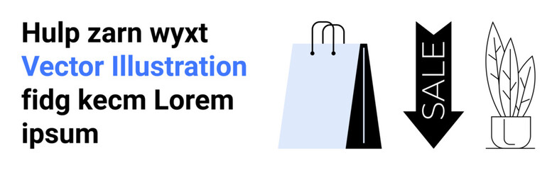 Shopping bag, downward arrow with sale text, and decorative potted plant. Ideal for retail, discounts, e-commerce, eco-conscious branding, marketing, promotions simple landing page