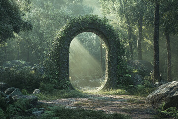 Obraz premium Mysterious stone gateway stands in a serene forest surrounded by tall trees on an overcast day