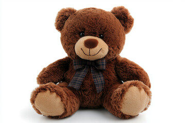 Obraz premium Brown teddy bear on white surface, surrounded by colorful balloons and a birthday cake with lit candles, creating a festive and cheerful atmosphere.
