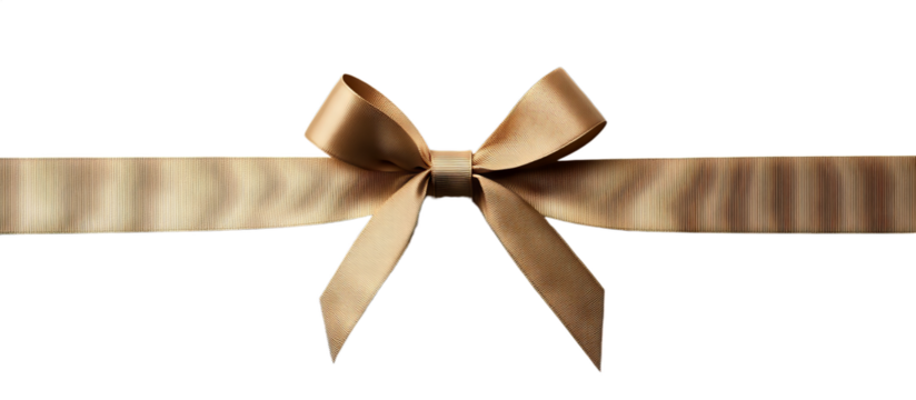A flat ribbon bow in a golden hue is artistically tied and arranged on a smooth surface, creating an elegant touch for gift wrapping during celebrations or special events