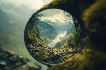 Unique view through tree bark showcasing a quiet lake reflecting autumn foliage and dramatic clouds at sunset