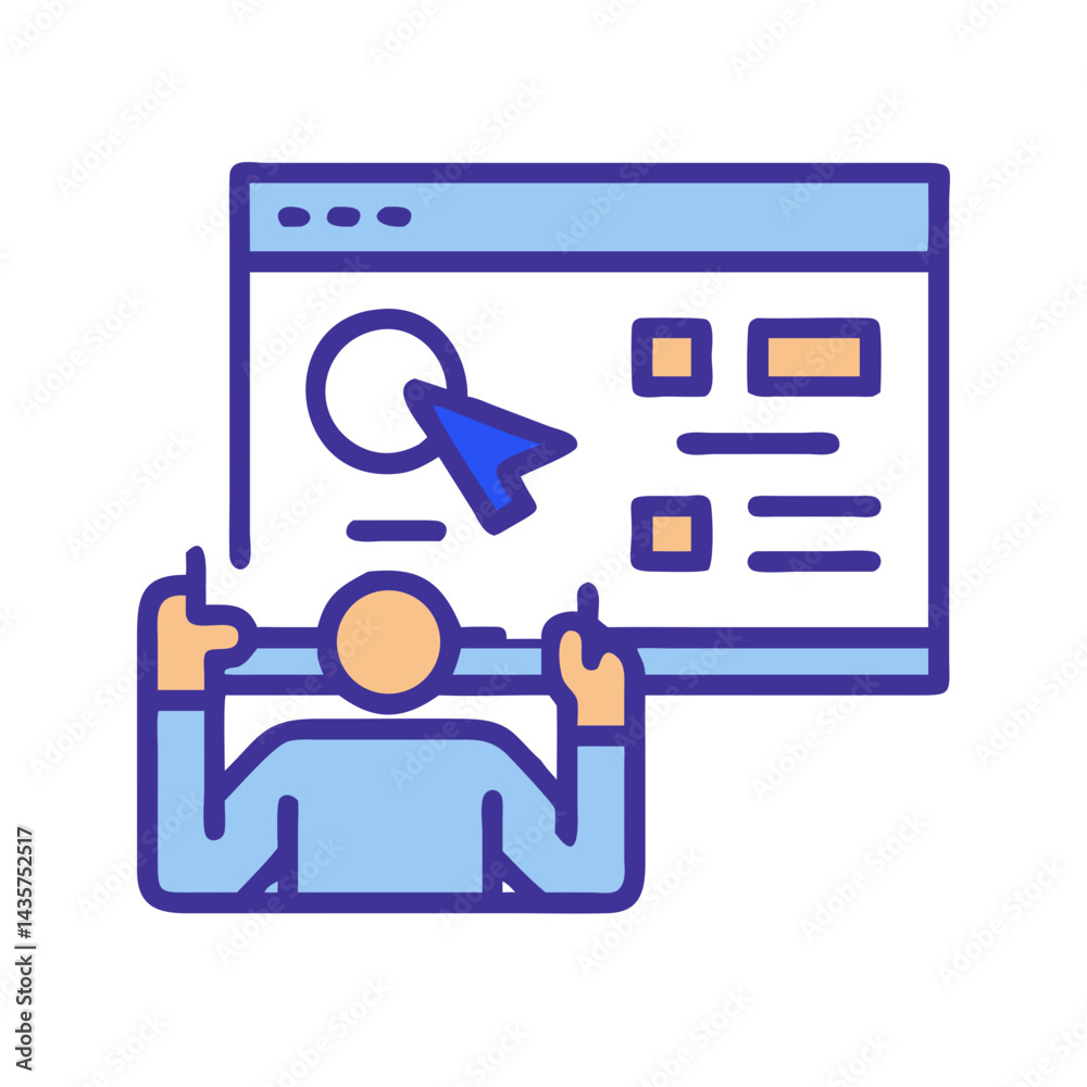Poster man explaining website functionality in a simple flat design
