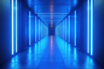 Long corridor with blue lights illuminating the path, creating a futuristic ambiance and guiding the way forward.