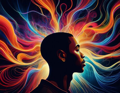 Silhouette eines Menschen vor dunklem Hintergrund, aus dem Kopf steigen bunte Farbwirbel und Lichtstrahlen auf, symbolisch f&uuml;r flie&szlig;ende Gedanken