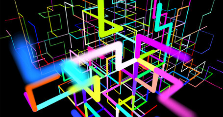 3D abstraction with cubes symbolizing quantum computing, blockchain and server technologies. Futuristic design reflecting big data processing and artificial intelligence.