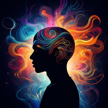 Silhouette eines Menschen vor dunklem Hintergrund, aus dem Kopf steigen bunte Farbwirbel und Lichtstrahlen auf, symbolisch f&uuml;r flie&szlig;ende Gedanken