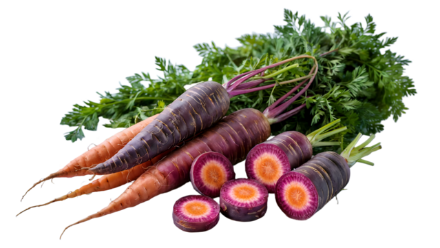 Purple Heritage Carrots with Cross Sections Isolated on Transparent Background