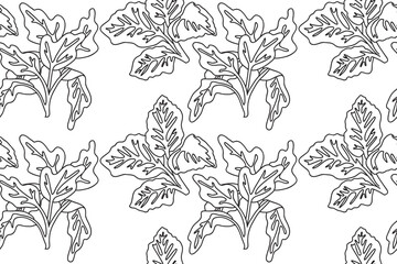 Line art floral seamless pattern with leaves vector illustration. Hand drawn outline repeating foliage in white background. Graphic design for Cover Coloring Book Textile Fashion Print Birthday Card