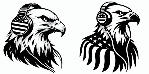  Bald eagle with American flag print on wings wearing earphones decorated stripes. 4th of july Independence Day patriotic Clipart.