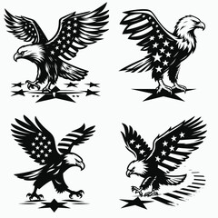 Obraz premium Bald eagle with American flag print on wings stepping forward onto a single star footprint. 4th of july Independence Day patriotic Clipart.