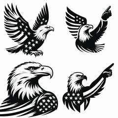 Fototapeta premium Bald eagle with American flag print on wings pointing upward to the sky. 4th of july Independence Day patriotic Clipart.