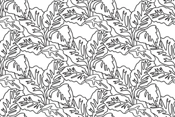 Line art floral seamless pattern with leaves vector illustration. Hand drawn outline repeating foliage in white background. Graphic design for Cover Coloring Book Textile Fashion Print Birthday Card