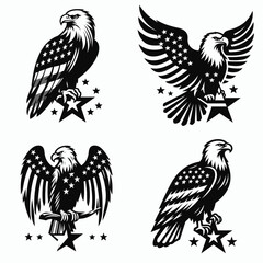  Bald eagle with American flag print on wings perched a single star. 4th of july Independence Day patriotic Clipart.
