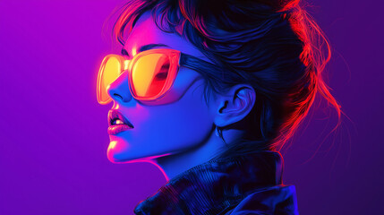 Vivid neon portrait of a girl wearing sunglasses, 80s-inspired style
