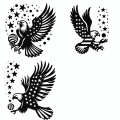 Obraz premium Bald eagle with American flag print on wings juggling tiny star shapes. 4th of july Independence Day patriotic Clipart.