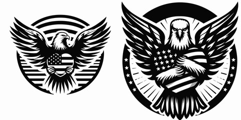 Obraz premium Bald eagle with American flag print on wings hugging a plain circle labeled LIBERTY. 4th of july Independence Day patriotic Clipart.