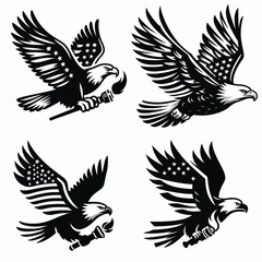 Fototapeta premium Bald eagle with American flag print on wings gliding a small torch in wing. 4th of july Independence Day patriotic Clipart.