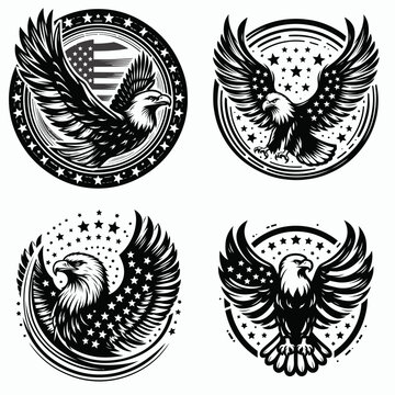  Bald eagle with American flag print on wings framed by a swirling ring of stars. 4th july Independence Day patriotic Clipart.