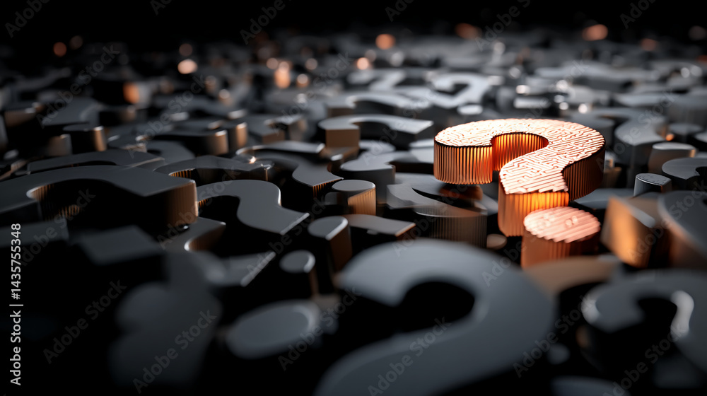 Aufkleber Close-up of copper question mark among many dark gray ones, creating a contrast symbolizing finding answers, problem-solving, or unique solutions