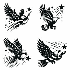 Fototapeta premium Bald eagle with American flag print on wings catching a falling star. 4th of july Independence Day patriotic Clipart. Avian portrait stars-and-stripes pattern grabbing comet.