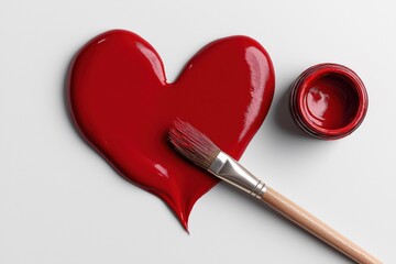 A red paint brush is next to a red heart. Concept of love and affection, as the heart is a symbol of love