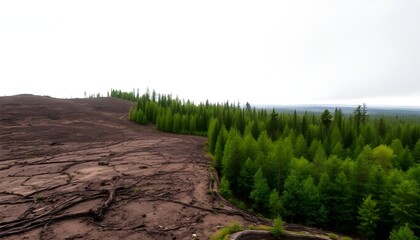 Deforestation Border Between Barren Land and Green Forest Under Overcast Sky