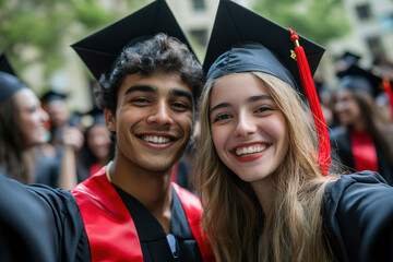 graduates smiling at camera, wearing caps and gowns. Background of university campus with green trees and clear blue sky on sunny day.