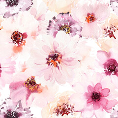 Seamless Watercolor Floral Pattern with Soft Pink and Purple Flowers
