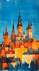 Obraz premium Majestic castle town skyline at sunset warm hues paint the buildings and towers