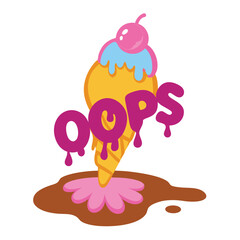 Ice cream cone melting into a puddle that says oh no vector illustration