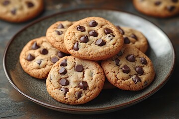 Freshly baked chocolate chip cookies on a ceramic plate ready to be enjoyed with a glass of milk
