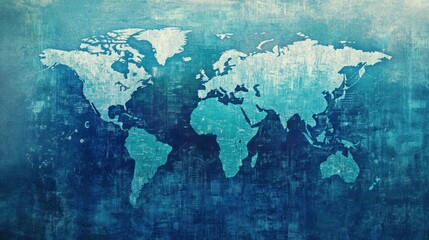 Naklejka premium World map, global connection, blue textured background, international communication, website banner