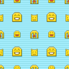 Seamless pattern of different emoji in pixel style on a blue background