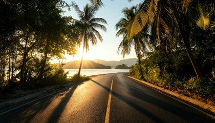 Asphalt road leading to serene tropical bay at sunset