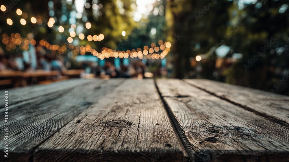 Poster Close-up of rustic wooden table, showcasing weathered texture, blurred background with string lights and outdoor setting, ideal for product placement or text overlay