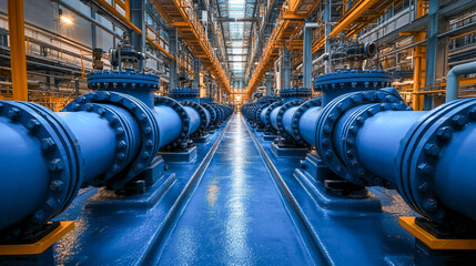 Naklejka premium A row of blue industrial pipes located in a corridor with metal structures and orange elements.