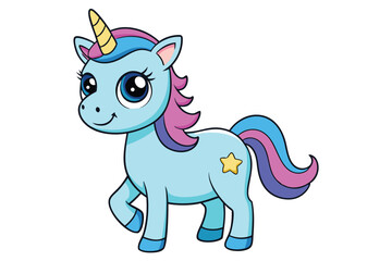 Cute cartoon character happy magic unicorn on white