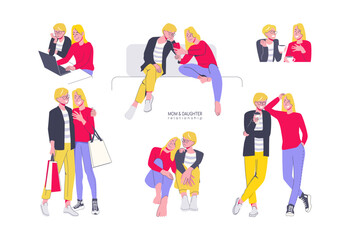 Set of vector images of mother and adult daughter relationship. Family, friendship, walks