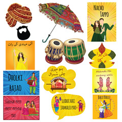 Wedding decorative elements Vector. Traditional wedding decorative elements. colorful theme decorations illustration for haldi, mayou, mehndi, indian wedding haldi function decor, umbrella, kite. 