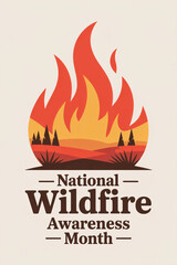 Stylized Wildfire Awareness Month Illustration With Vibrant Flames And Nature Motif For Community Protection Campaigns.