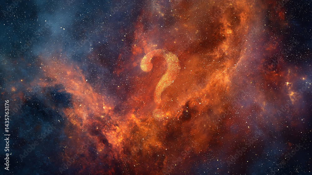 Poster cosmic nebula background with a question mark formed by golden dust, symbolizing mystery, wonder, an