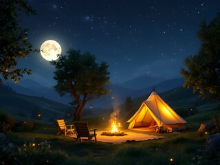 Night camping with a tent, campfire, and chairs under full moon in the forest