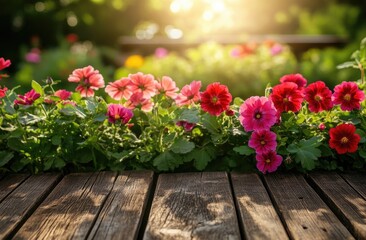 Vibrant flowers on a wooden deck