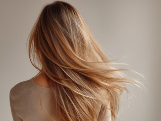 a woman with long highlighted hair silky hair seen from behind
