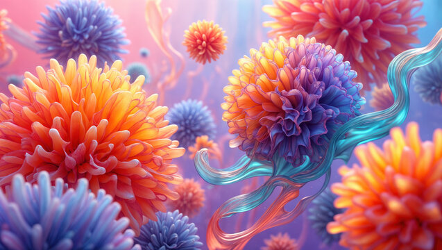 Colorful abstract flowers blooming with swirling ribbons in a dreamlike fantasy garden