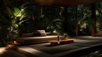 Fototapeta premium Modern outdoor lounge in tropical garden at night
