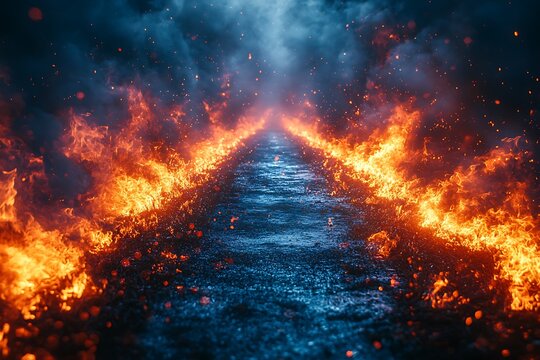 Fiery path leading into the distance burning hellscape with embers