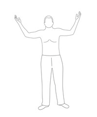 Man with Naked Torso Raising Hands in Prayer Full Height Line Art